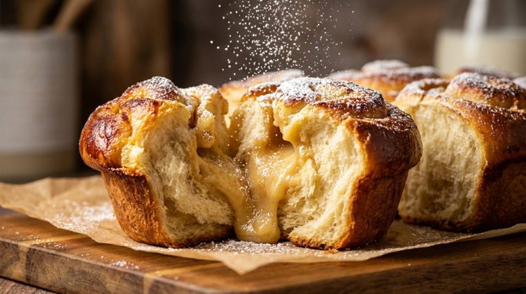 Gros plan d'une brioche roulée à la frangipane ouverte en deux, révélant une mie moelleuse et une crème d'amande coulante sous un nuage de sucre glace.