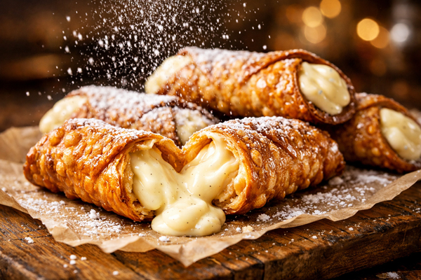 Cannoli dorés au four garnis de crème pâtissière à la vanille, dessert italien croustillant et gourmand