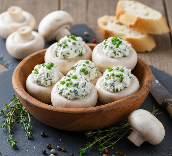 Assiette de champignons de Paris crus farcis au fromage Boursin ail et fines herbes pour l'apéritif.