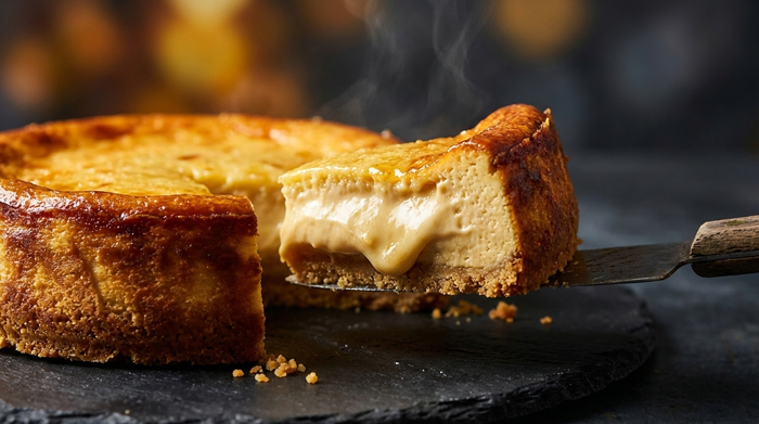 Texture fondante d'un cheesecake végétarien saveur faux-gras avec une base biscuitée et un dessus caramélisé.