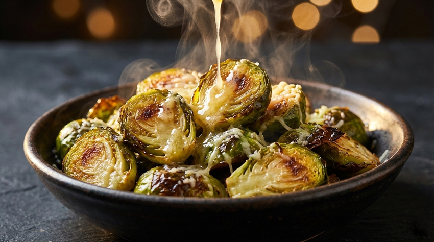 Gros plan sur des choux de Bruxelles rôtis croustillants et fumants dans un bol rustique, arrosés d'une sauce onctueuse au beurre à l'ail et au parmesan.
