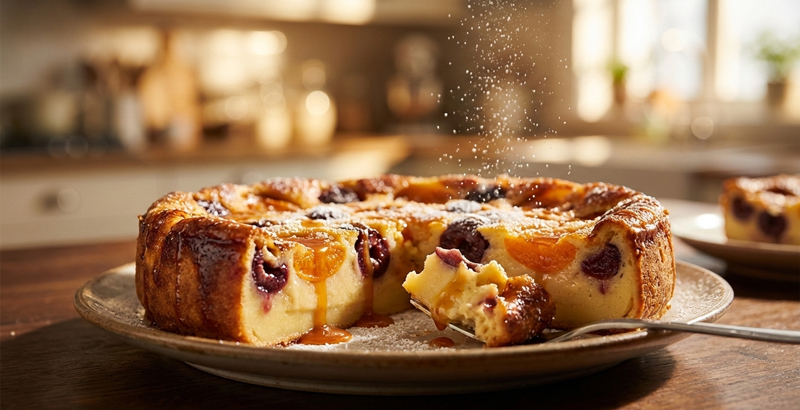 Gros plan sur un clafoutis sans lactose doré et fraîchement sorti du four, coupé pour révéler un intérieur moelleux aux fruits. Saupoudrage de sucre glace en suspension et filet de caramel sur une assiette rustique.