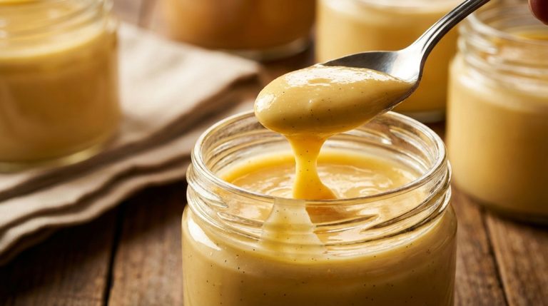 Gros plan sur une cuillère soulevant une crème dessert vanille maison onctueuse avec des grains de vanille visibles dans un petit pot en verre.