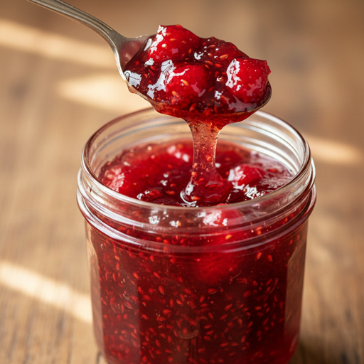 Texture gourmande d'une confiture artisanale aux framboises et baies roses, coulée lente depuis une cuillère en argent sur un fond de bois rustique.