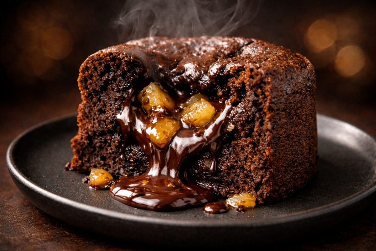 Fondant au chocolat et poire avec cœur coulant, dessert gourmand d’hiver servi sur assiette sombre