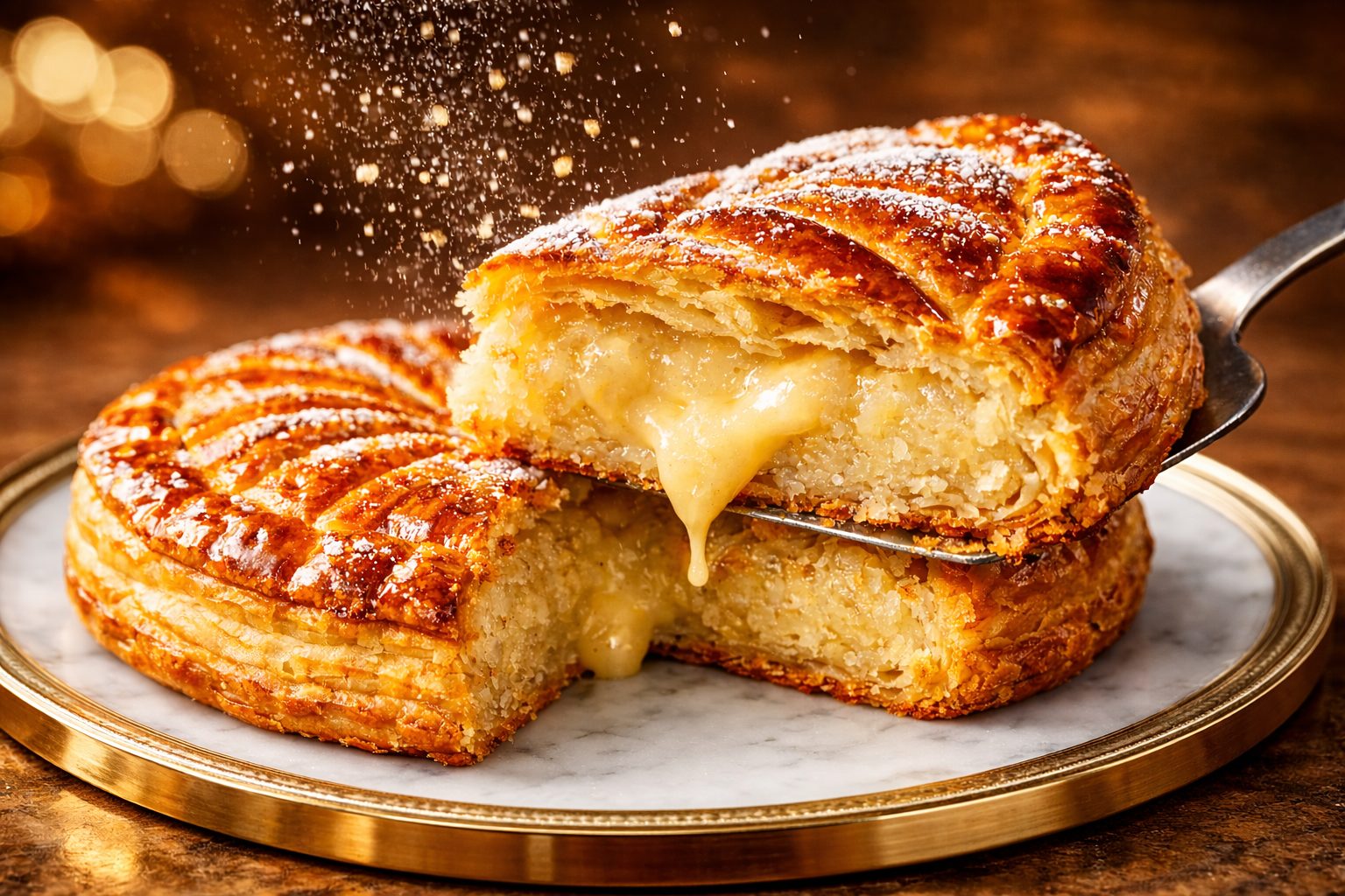 Galette des rois à la frangipane sur plat de luxe, pâte feuilletée dorée et cœur crémeux, pâtisserie française haut de gamme