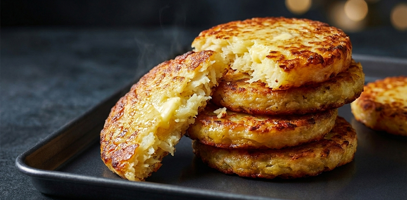 Gros plan sur une pile de galettes de pommes de terre au four dorées et croustillantes disposées sur un plateau de cuisson propre, avec une galette brisée en deux révélant un intérieur moelleux et fumant.