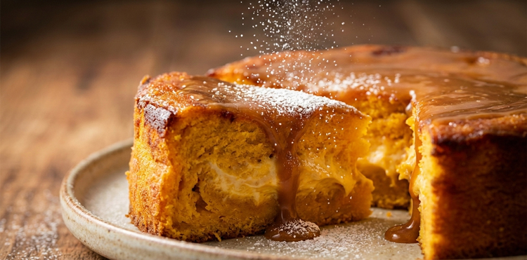 Gâteau à la citrouille moelleux avec cœur fondant et nappage caramel, dessert gourmand fait maison