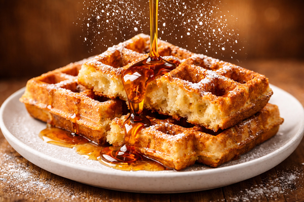 Gaufres à l’épeautre dorées au lait végétal et à la vanille, servies proprement avec sirop d’érable