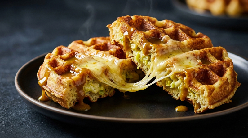 Gros plan sur des gaufres salées croustillantes aux poireaux et au curry, coupées en deux pour révéler un fromage filant et une sauce onctueuse.