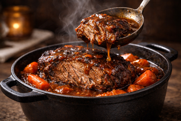 Paleron de bœuf braisé aux carottes, viande fondante nappée d’une sauce brillante, servi en cocotte en fonte
