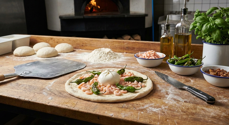 Pizza artisanale aux crevettes et burrata, garnie de piments verts, préparée sur un plan de travail en bois devant un four à bois traditionnel