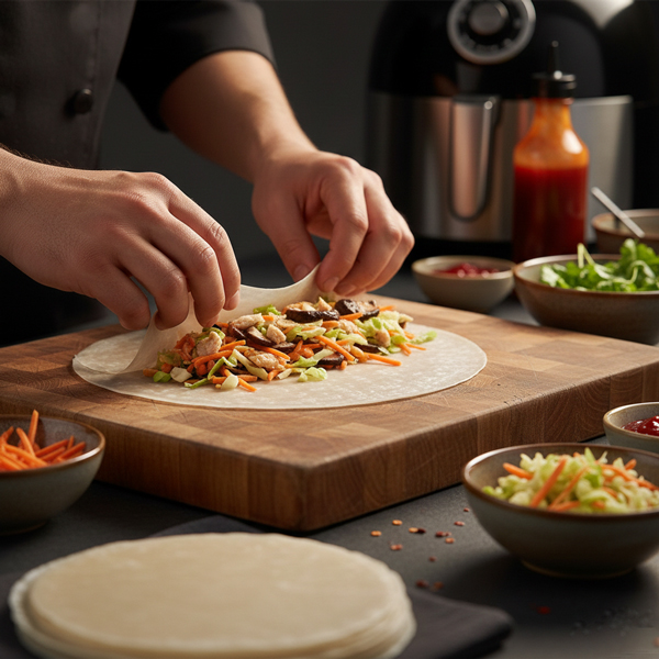 Vue de dessus d'un plan de travail de cuisine montrant la préparation de nems. On y voit une galette de riz transparente garnie de légumes émincés et de poulet, des nems déjà roulés à côté, et des bols contenant des carottes râpées, du chou et des herbes fraîches.