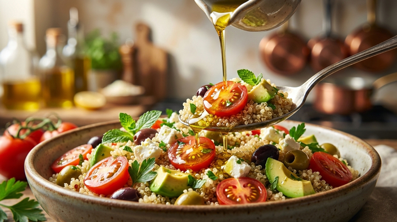 Gros plan sur une salade de quinoa méditerranéenne colorée avec avocat, feta et tomates cerises, en train d'être arrosée d'une vinaigrette au citron et à l'huile d'olive.