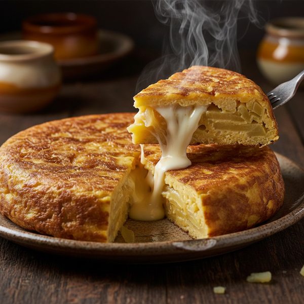 Tortilla espagnole maison aux pommes de terre avec fromage fondant coulant, servie chaude